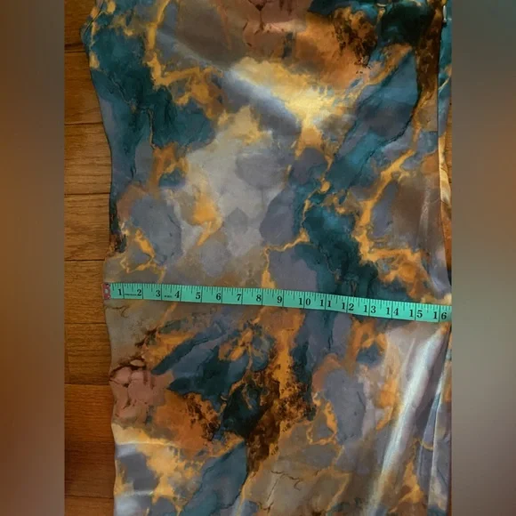 Micas Marble Print Satin Slip Dress Blue Brown Cowl Neck Midi Size M - Picture 10 of 13